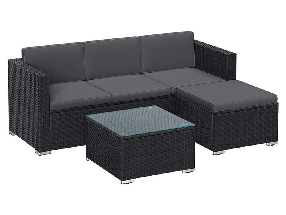 Divani: Gartenmöbel Polyrattan Ecksofa Schwarz Grau HELIOS – Nuovo e nell'imballaggio originale da Lachen SZ venduto da MAMORU-MOEBEL