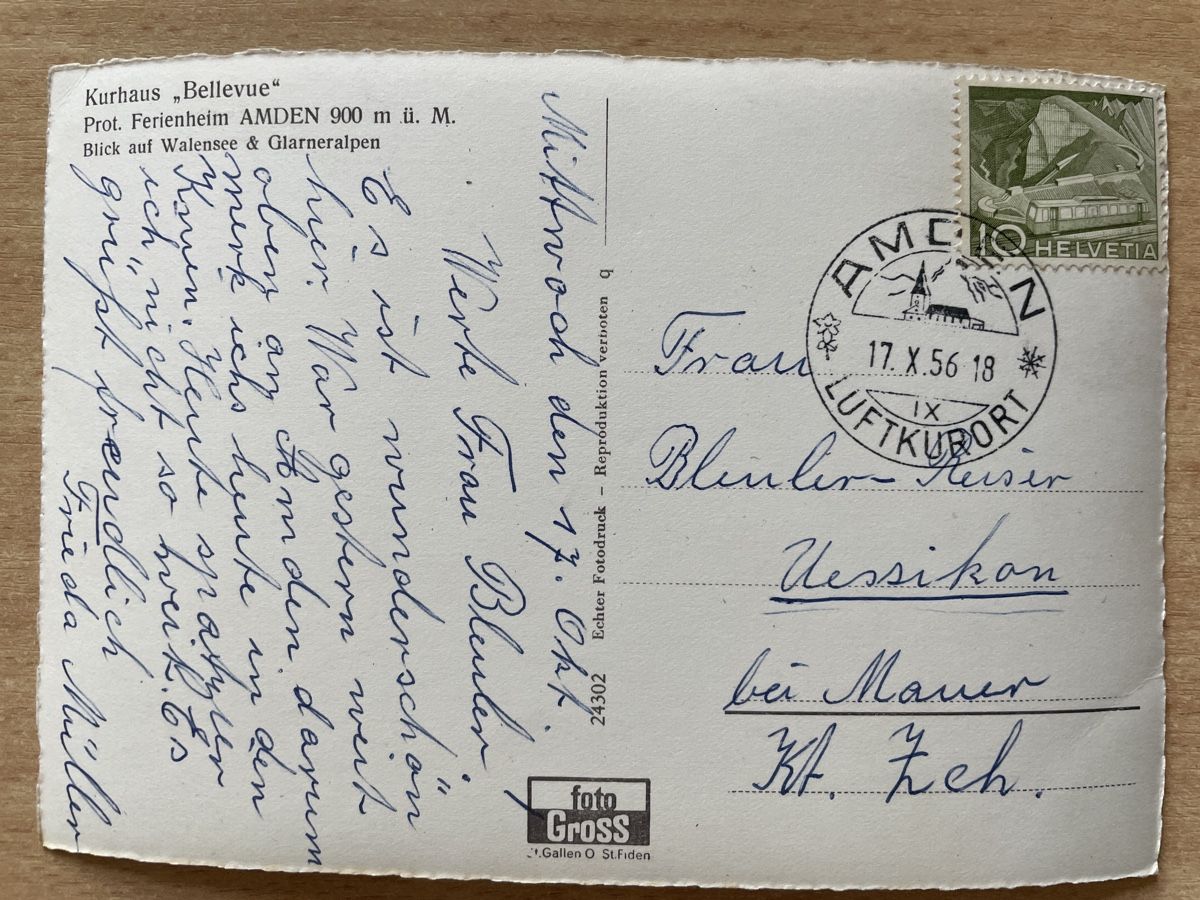 Cartoline postali: Alte Ansichtskarte Kurhaus Bellevue, Amden 1956 – Usato da Neuhausen am Rheinfall venduto da Arielle55 1