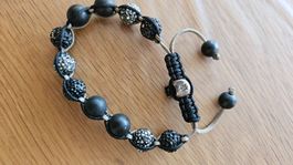Bracelet réglable boules strass et boules noires et déco