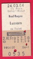 KARTON BILLETT, BAD RAGAZ - LUZERN, 2.KLASSE, RETOUR,HALBTAX