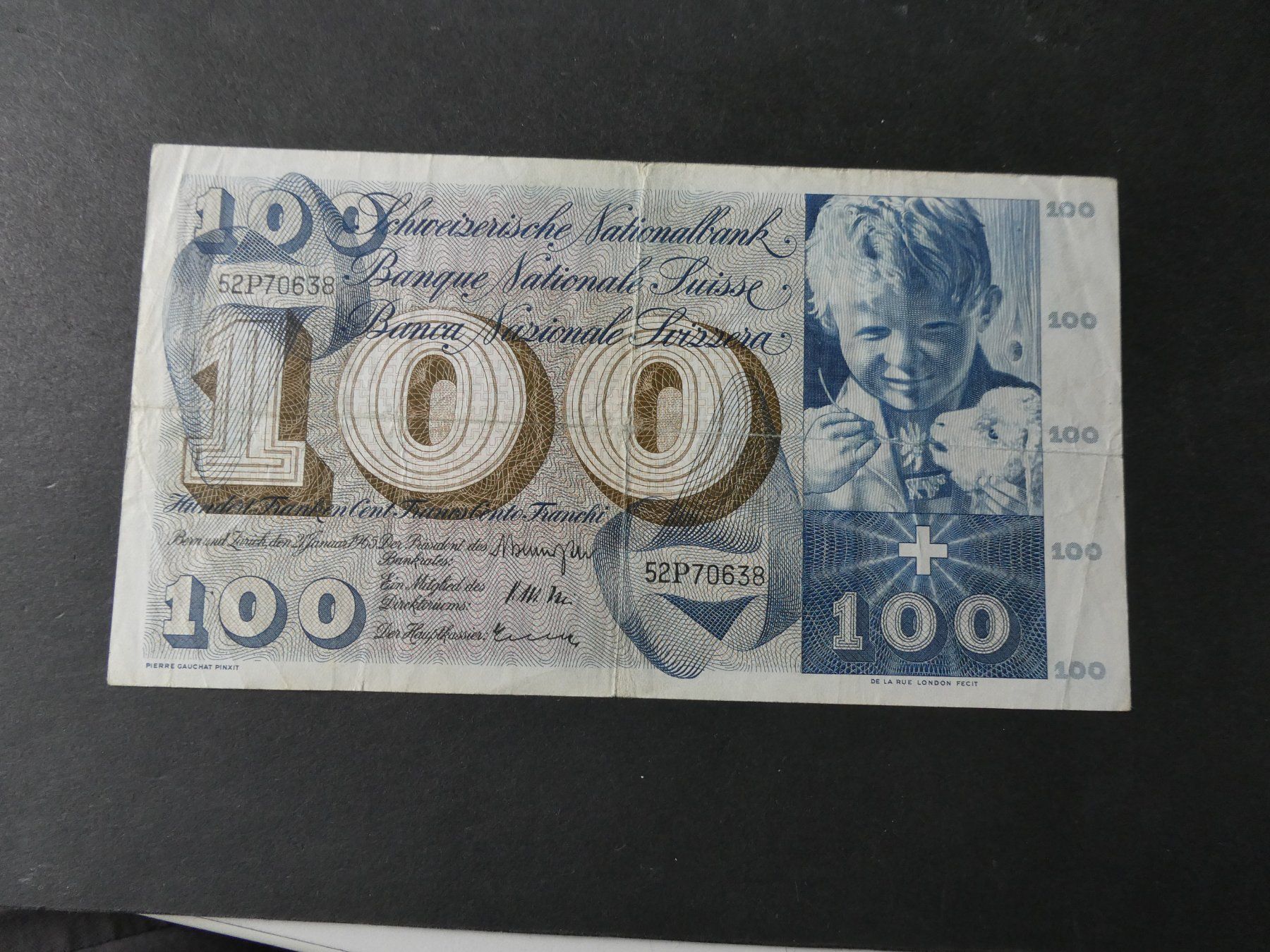 Banknoten: Schweiz 1965, 100 Franken – Gebraucht aus Hinterforst von Rohusri