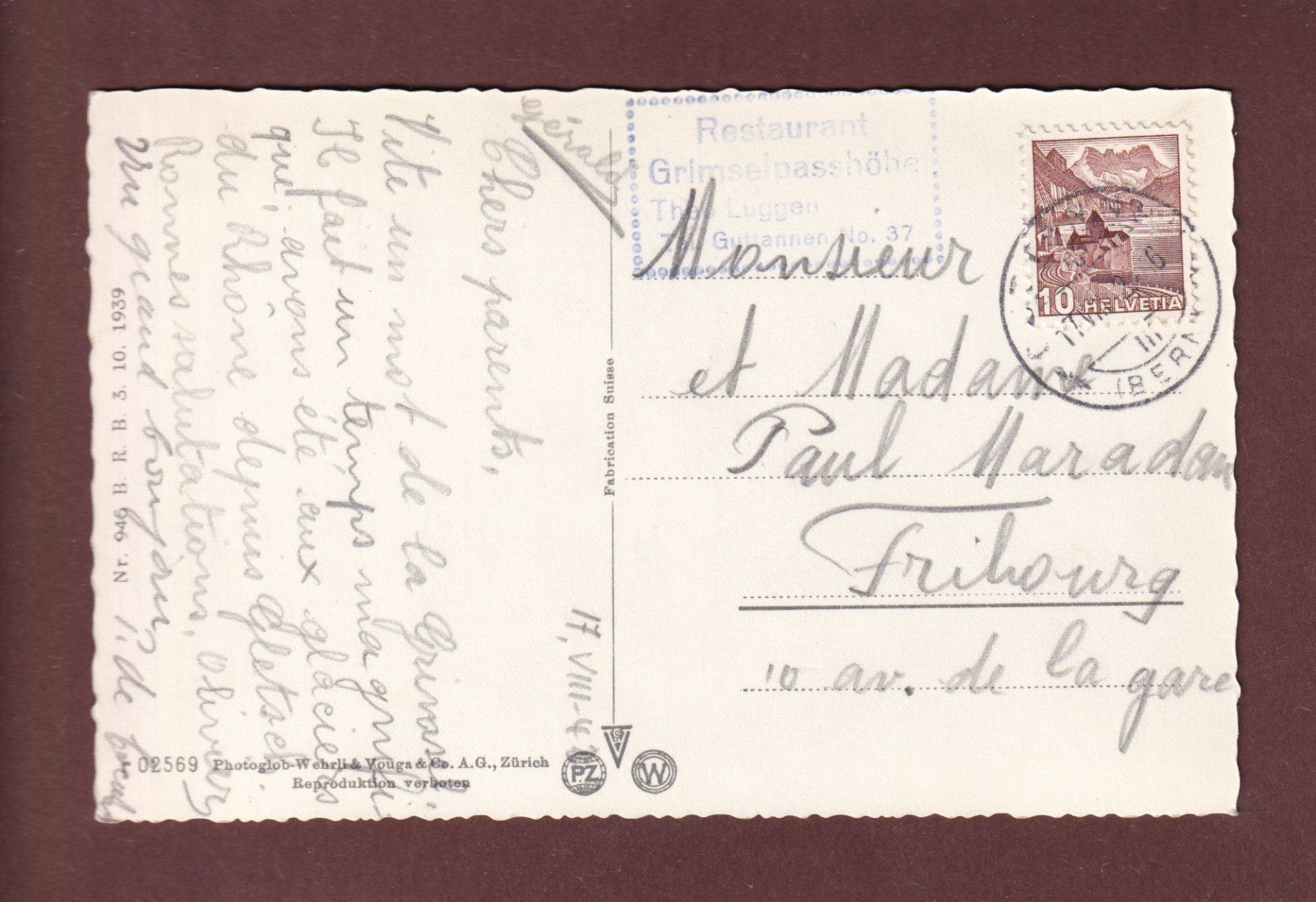 Cartoline postali: GRIMSELPASSHÖHE - Totensee - Rhonegletscher - 1942 – Usato da Pully venduto da nicecards-shop 1