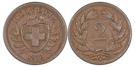 2 Rappen von 1870 (sehr schön). Ab 1.--