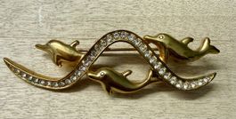 Brosche Delfine Strass Goldfarben guter Zustand