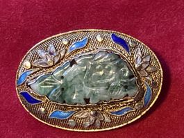 Jade Brosche, Vintage Schmuck, filigran & Emaille!