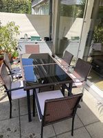 Gartenset Rattanoptik Tisch mit Glasplatte 4 Stühle braun