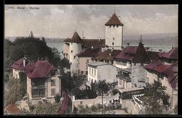 AK Morat, Ortsansicht mit Türmen und See
