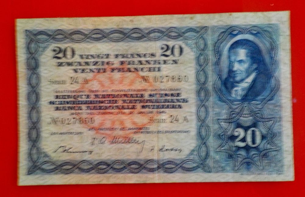 20 Fr alte SCHWEIZER NOTE TYP Pestalozzi 20. jan 1949 vorz (Gebraucht ...