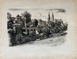 E. E. Schlatter, Orig. Lithographie - Basel, Münster, Rhein