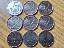 Tschechien 1, 2, 5 Kronen 1993/2011 - Lot 9 Stück!