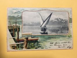 Segelbarke Segelboot Prägedruck Lithographie 1911 Lac Leman