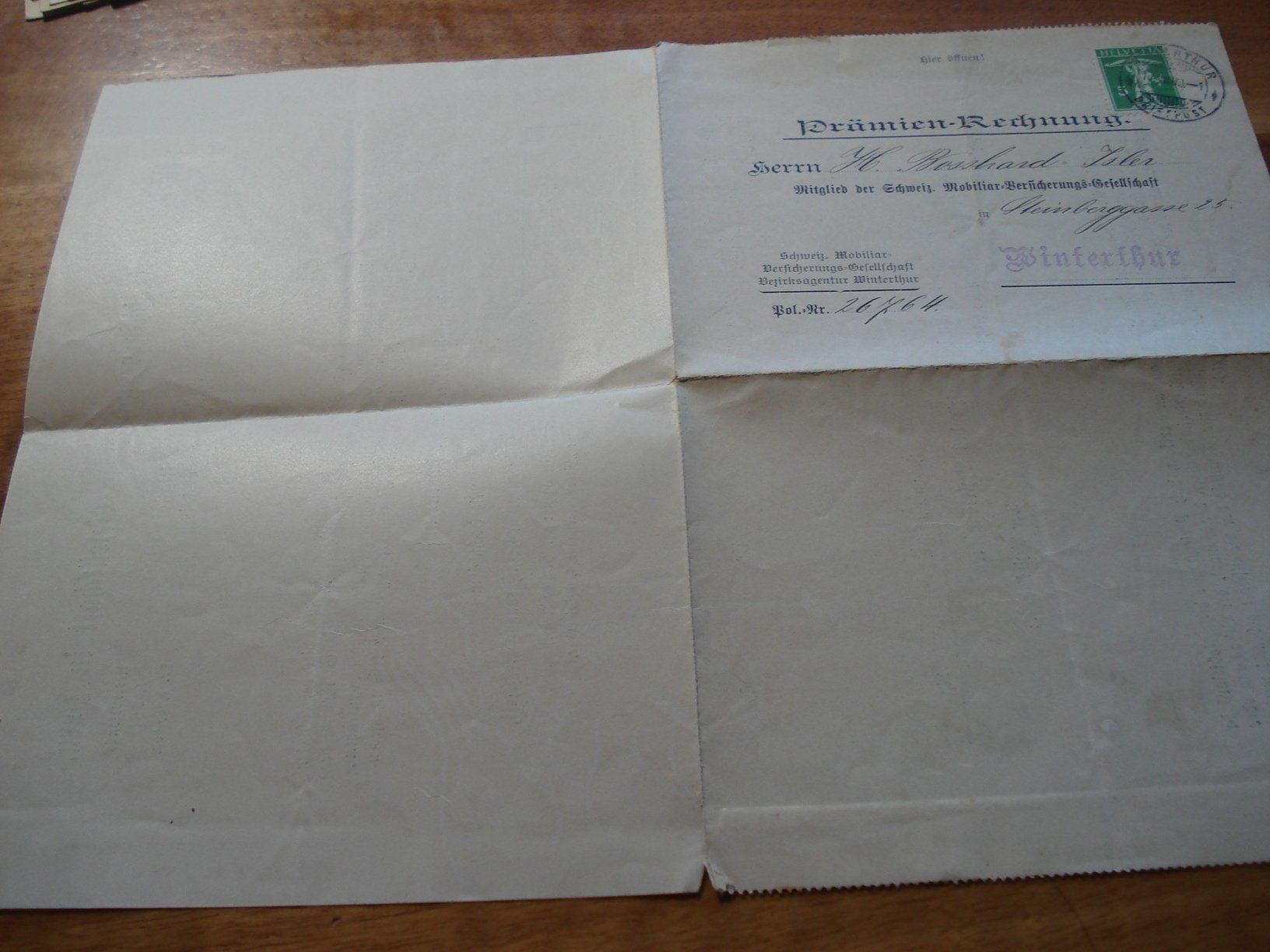 Alle Briefmarken: Faltbrief 1908, Prämienrechnung Mobiliar-Versicherung – Gebraucht aus Niederwil AG von morostahu 2