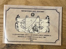 Italien 1992 – 500 Lire Silbermünze Entdeckung Amerikas