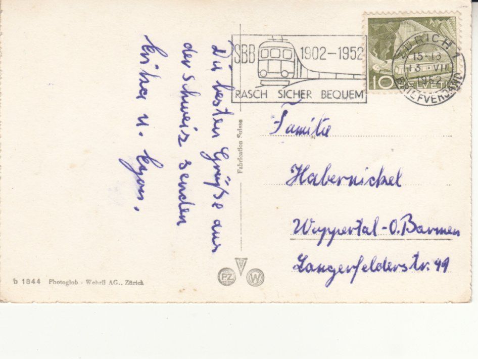Ansichtskarten: Zürich 1952 – Gebraucht aus Bürglen TG von StampGraf 1