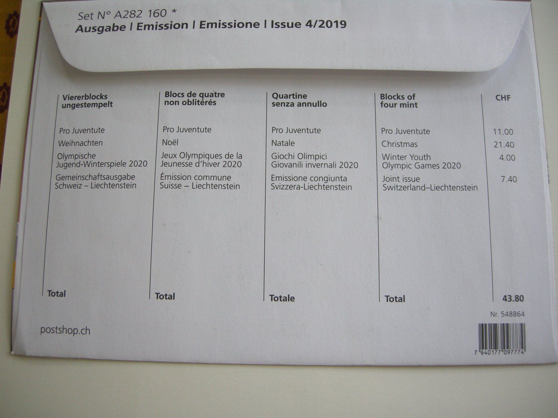 Tous les timbres: 2019 EMISSION 4, 4er BLOCKS POSTFRISCH, FRANKATUR, postpreis – D'occasion à Rüti ZH par jupi1945 2