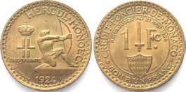 MONACO 1 Franc 1924 LOUIS II Alu-Bro qFDC!