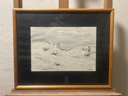 Schönes originales Aquarell – Winterlandschaft – signiert