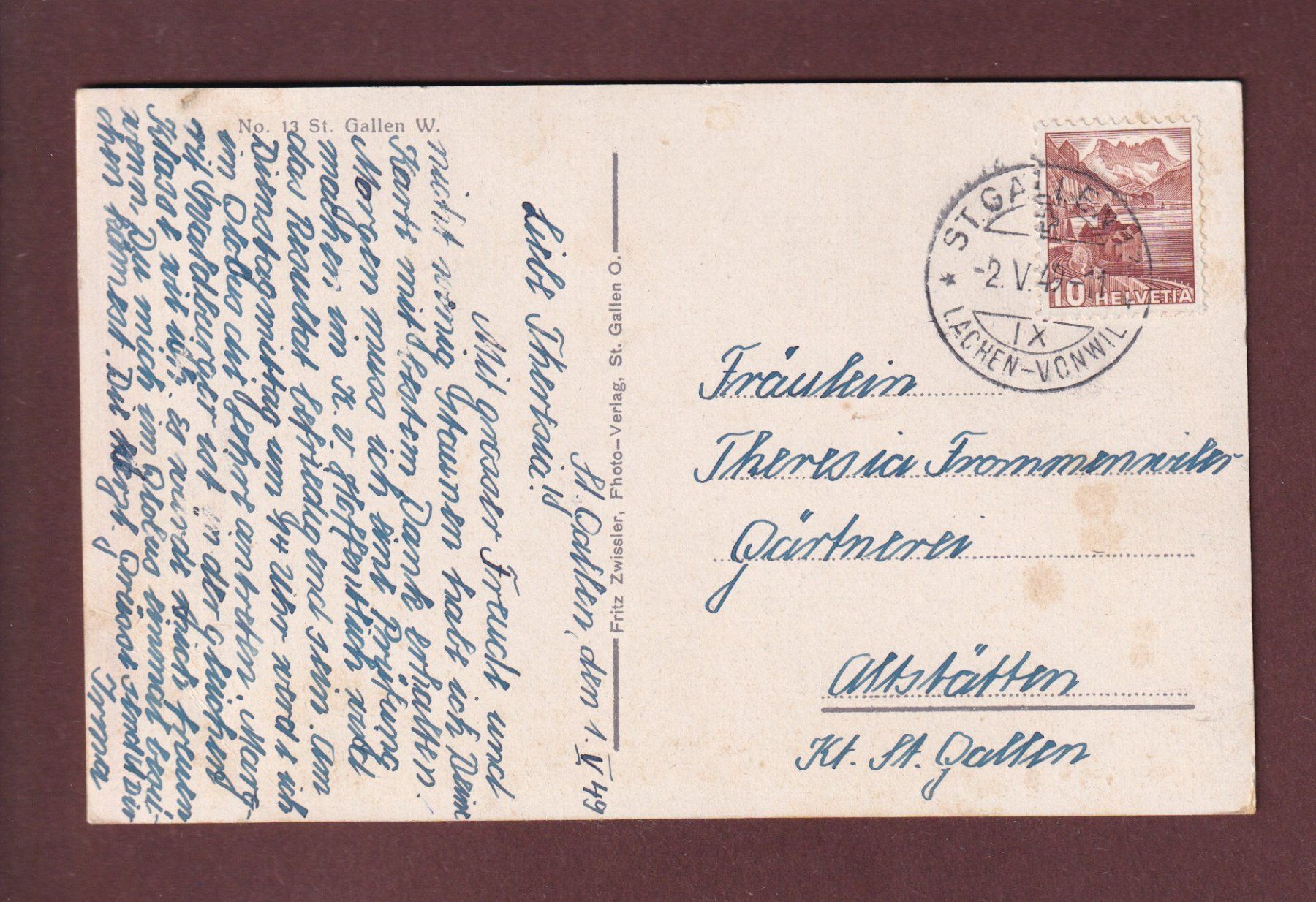 Cartoline postali: ST. GALLEN - Teilansicht West - 1949 – Usato da Pully venduto da nicecards 1