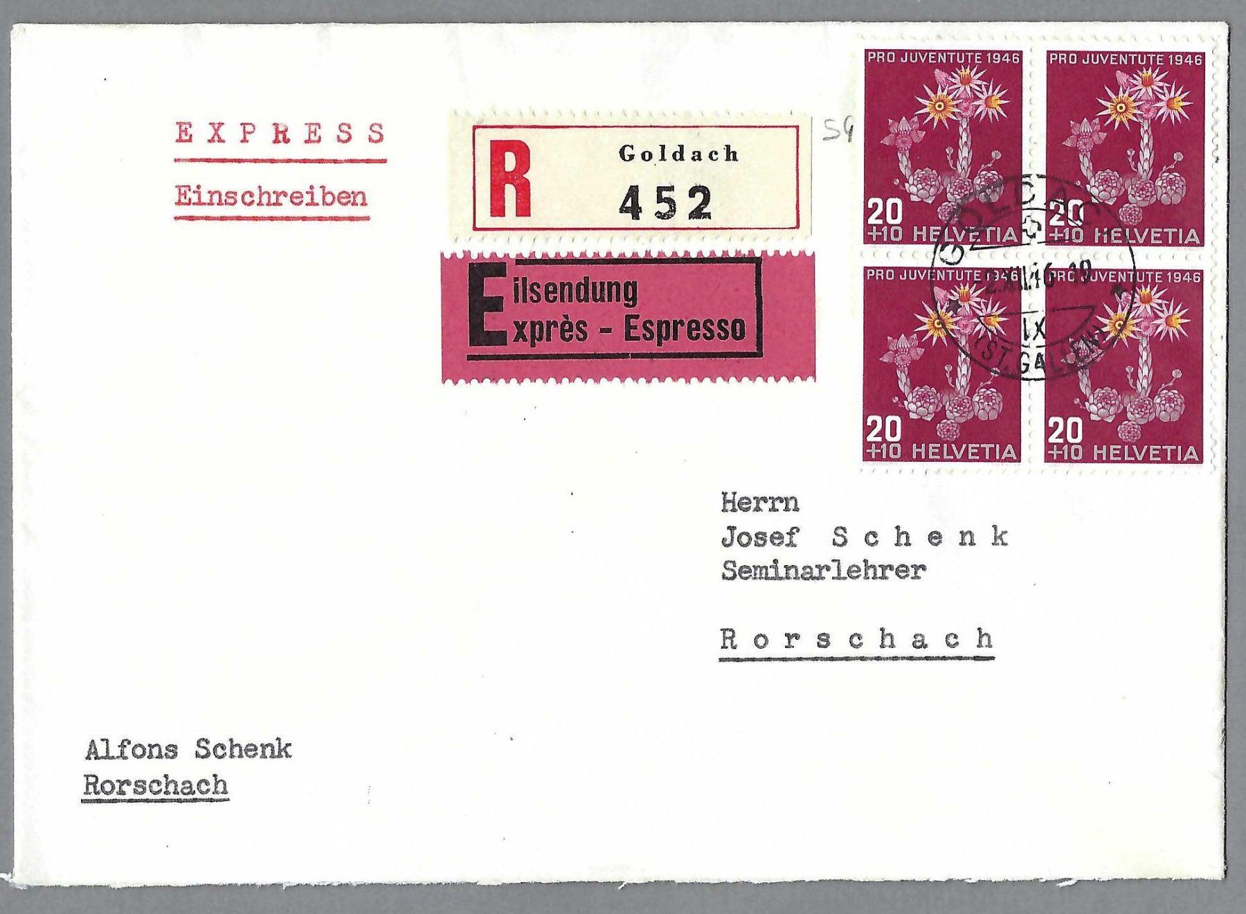 Tutti i francobolli: 1946, J119x4, 0 GOLDACH EING./EIL.-BRIEF, Ia! – Usato da Pura venduto da ulisse1957