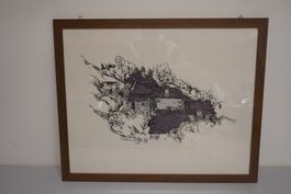 Schöner Druck Kleines Haus im Wald 56 x 59 cm gerahmt (HE96)