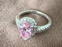 Pinker Tropfenring, neuwertig, Grösse 8-9 , Silbrig 💍