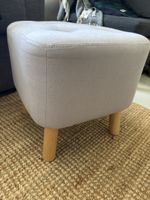 Ottoman light grey fabric button tufted footstool wooden leg
