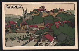 Steindruck-AK Aarburg, Panoramablick auf