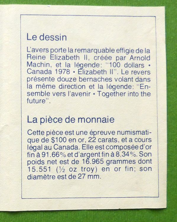 CANADA 100 1978, 0.5oz fine GOLD