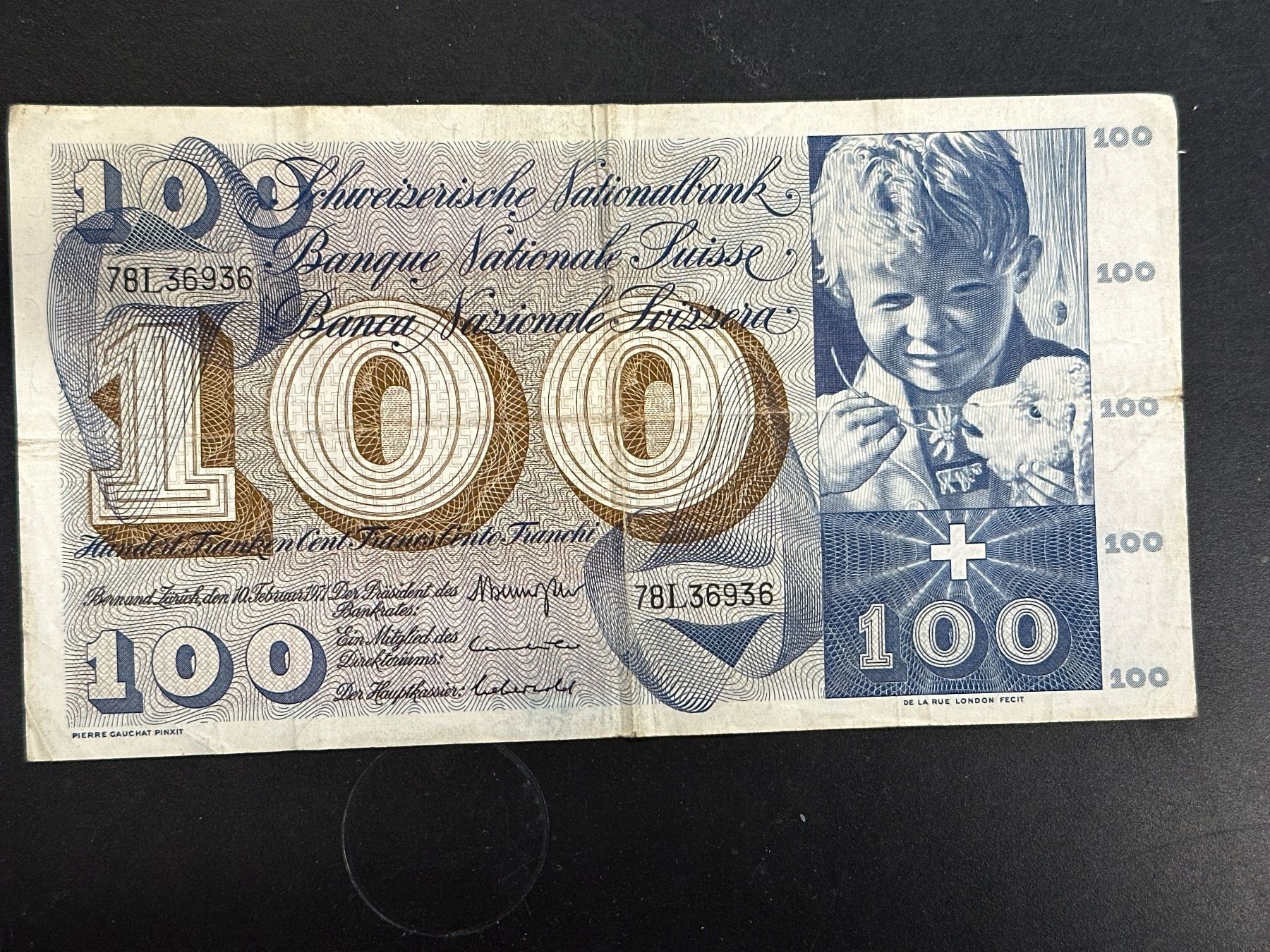 Banknoten: 100 Fr-Note Schweiz 1971 – Gebraucht aus Wängi von Thurgauer98