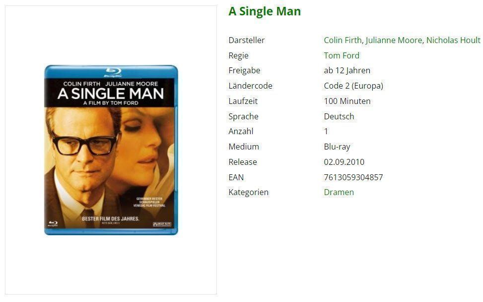 Tutti i DVDs: A Single Man (Bluray) – Usato da Emmetten venduto da SVollenweider