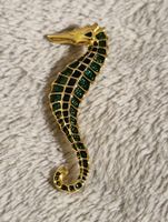 Vintage Brosche Seepferdchen gold-grün-glitzernd Emaille
