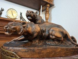  ​Skulptur Zwei Panther Art Deco Stil Gips patinie