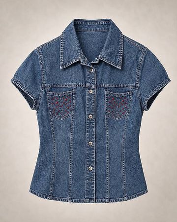 Damen Jeansbluse Kurzarm Grösse S  mit roten Strasssteinen