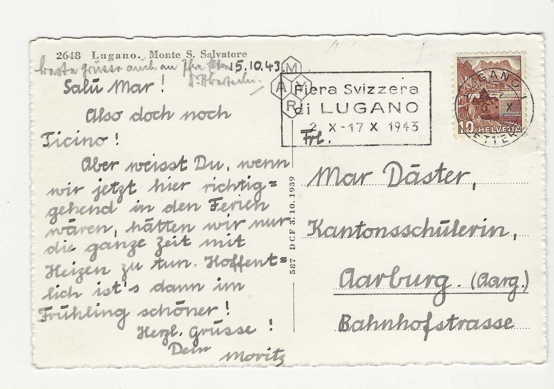 Ansichtskarten: LUGANO.  MONTE S. SALVATORE     1943 – Gebraucht aus Küttigen von rolypo 1