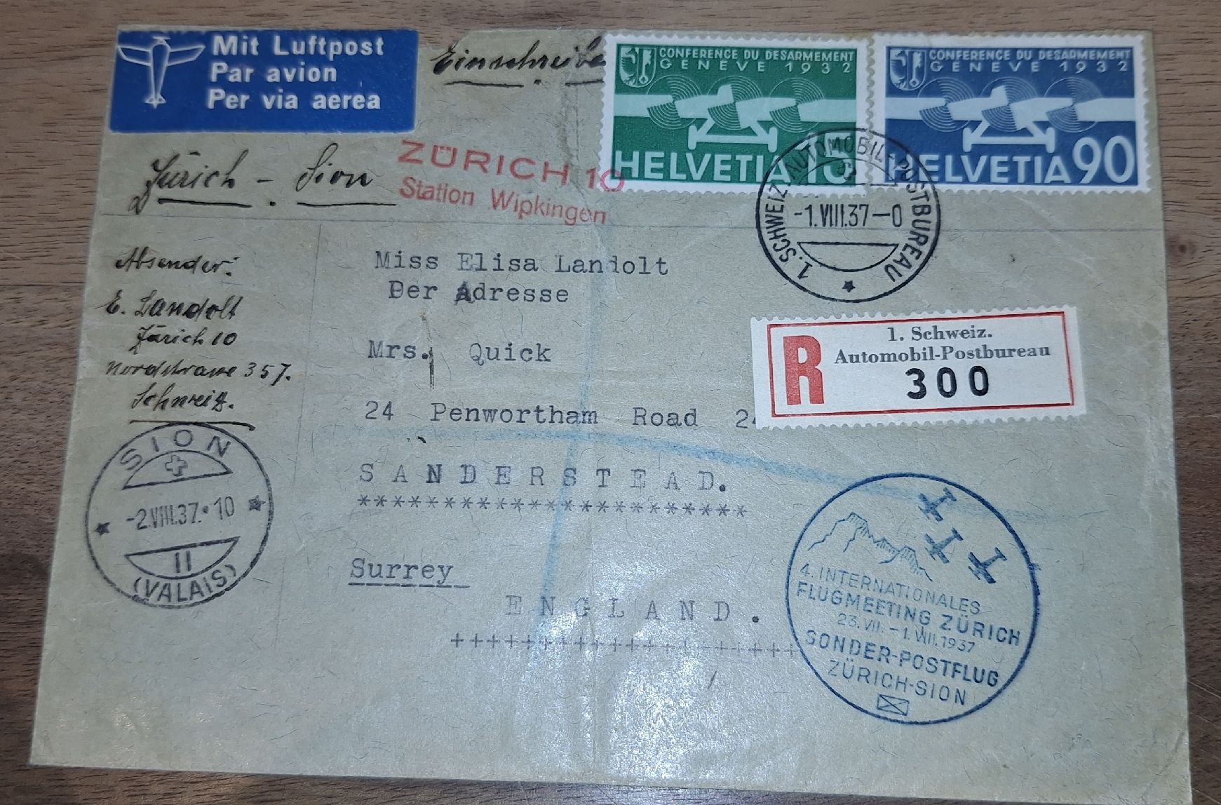 Alle Briefmarken: Flugmeeting Zürich 1937 – Gebraucht aus Balgach von SIMEON27