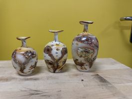 Set 3 Vasen Glas Blumenmuster Weiss Braun