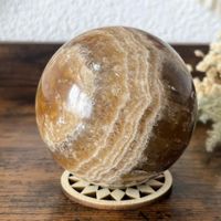 ✲ Bernstein Calcit Kugel ✲ 459g / Ø 68mm UV aktiv Sphere