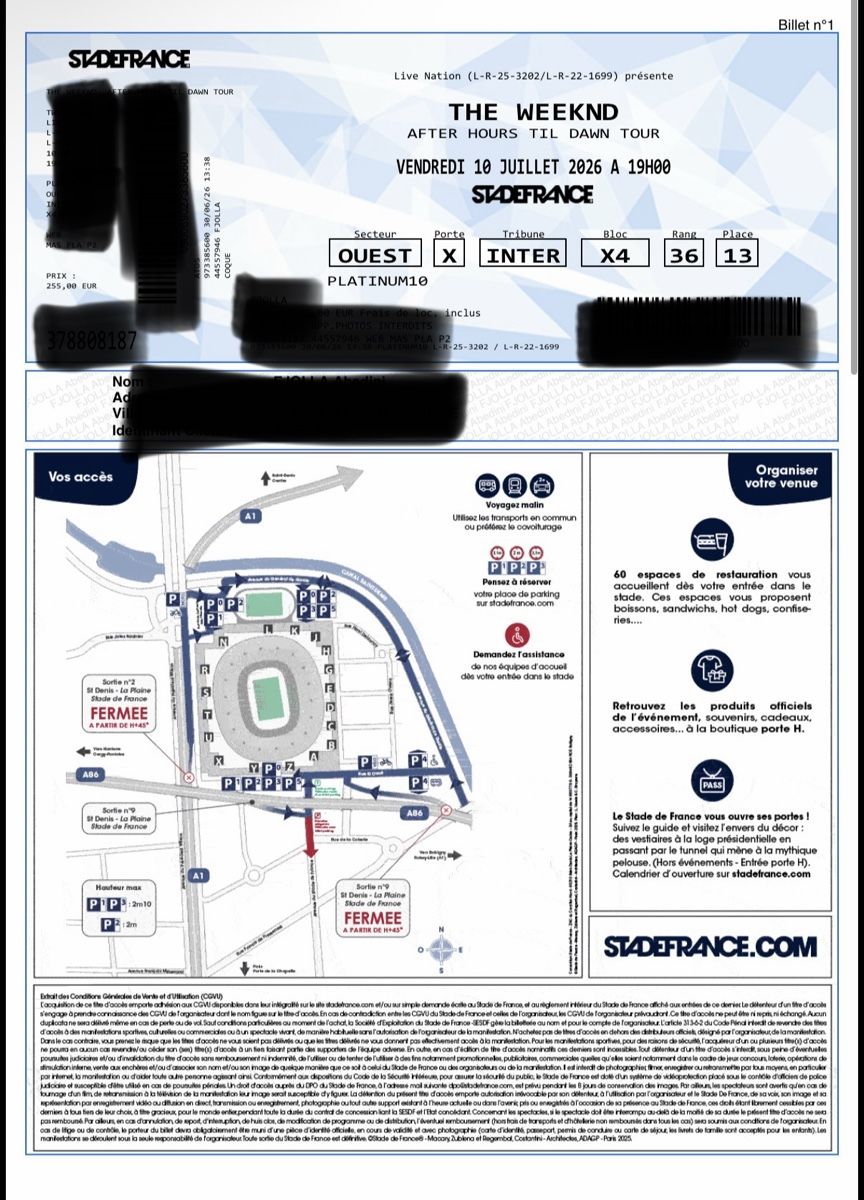 Billets: The Weeknd Konzert Paris 10.Juli – Neuf avec emballage d'origine à Dietikon par urt_7mcb 2