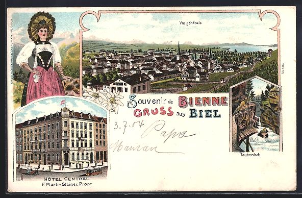 Ansichtskarten: Litho Biel, Hotel Central, Taubenloch, P – Gebraucht aus Berlin von bartko-reher