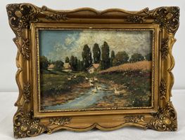 Ölgemälde Enten am Bach Landschaft Ölbild Antik Goldrahmen