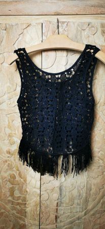 Boho Strick Crochet Top Schwarz Fransen Sommer Lochmuster, S