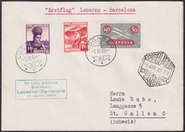 1940, Locarno-Barcelona, Luxusbrief +Erstflug nach St.GALLEN