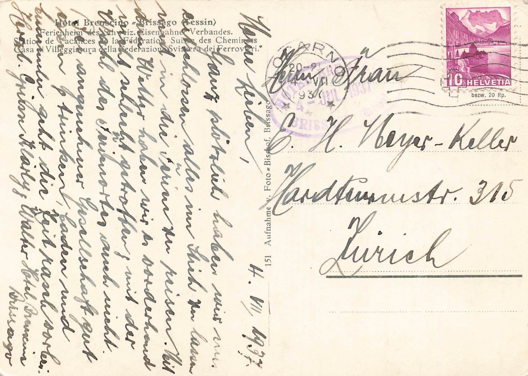 Cartoline postali: Hotel Brenscino  Brissago formato grande – Usato da Biasca venduto da Blenio71 1
