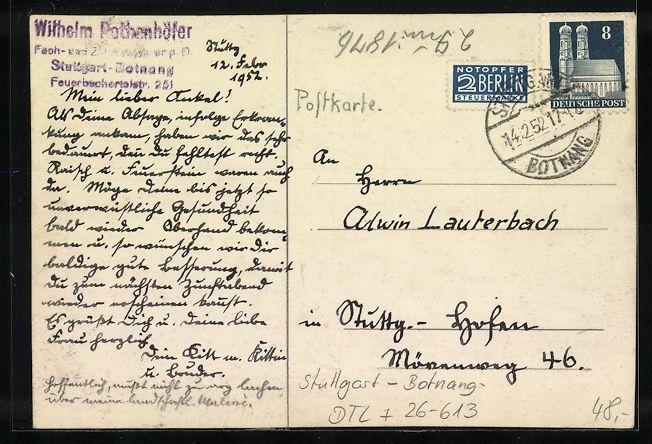 Cartoline postali: Handgemalt: Stuttgart-Botnang, Rothenhof – Usato da Berlin venduto da bartko-reher 1