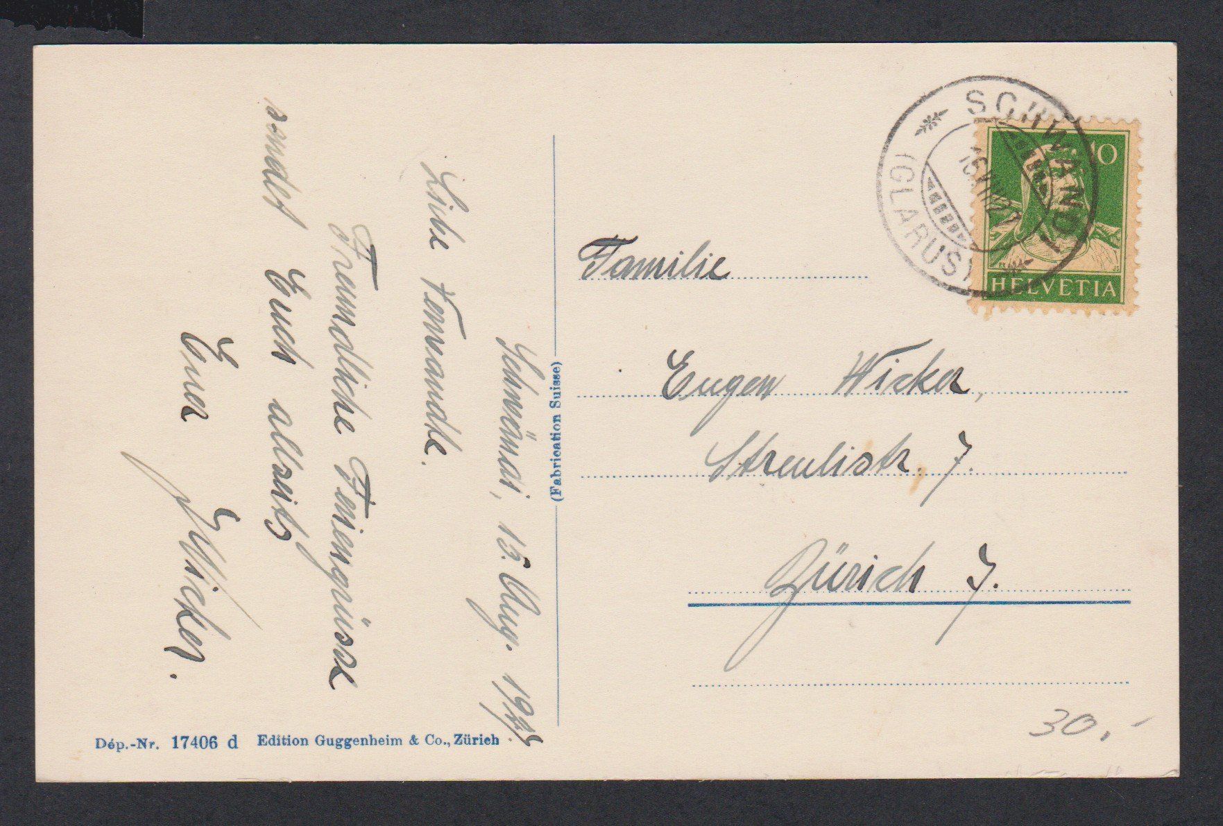 Cartoline postali: Schwändi  GL   :   alte Ansichtskarte von 1927 – Usato da Vitznau venduto da Ropaku 1