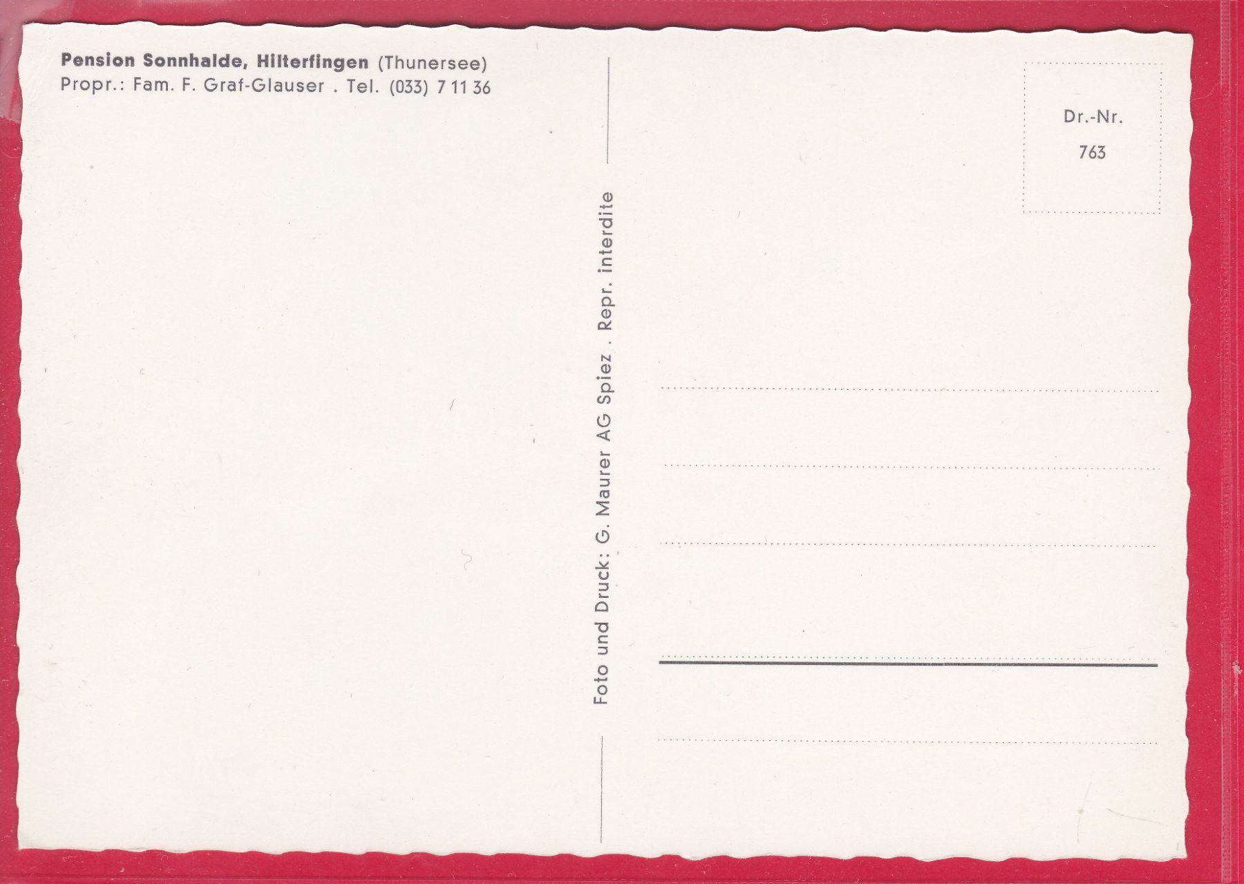 Cartoline postali: HILTERFINGEN, PENSION SONNHALDE – Usato da Oberrieden venduto da Gebirgsstelze 1