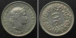 Schweiz 20 Rappen 1960 Ku-Ni STEMPELDREHUNG 75° RAR! vz+
