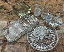 Mid-Century Glasblock-Aschenbecher (ca. 1950/60) & Glas-Set