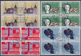 1958, Nr.334-337 Viererblöcke mit Ersttags-Stempel. 80.-+