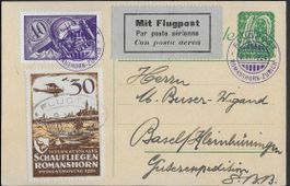 1924 Flug PK10c.  Romanshorn-ZH und  F6 + VIGNETTE ab 1.-